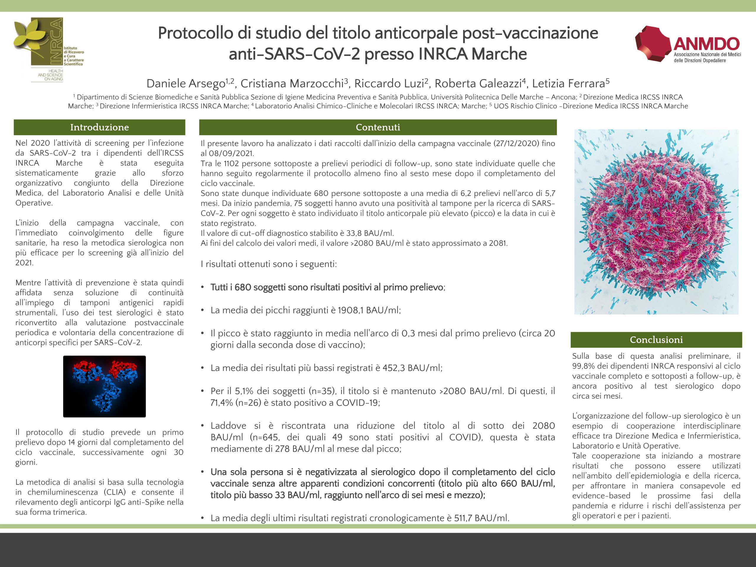 Arsego – Protocollo di studio del titolo anticorpale post-vaccinazione anti-SARS-CoV-2 presso INRCA Marche