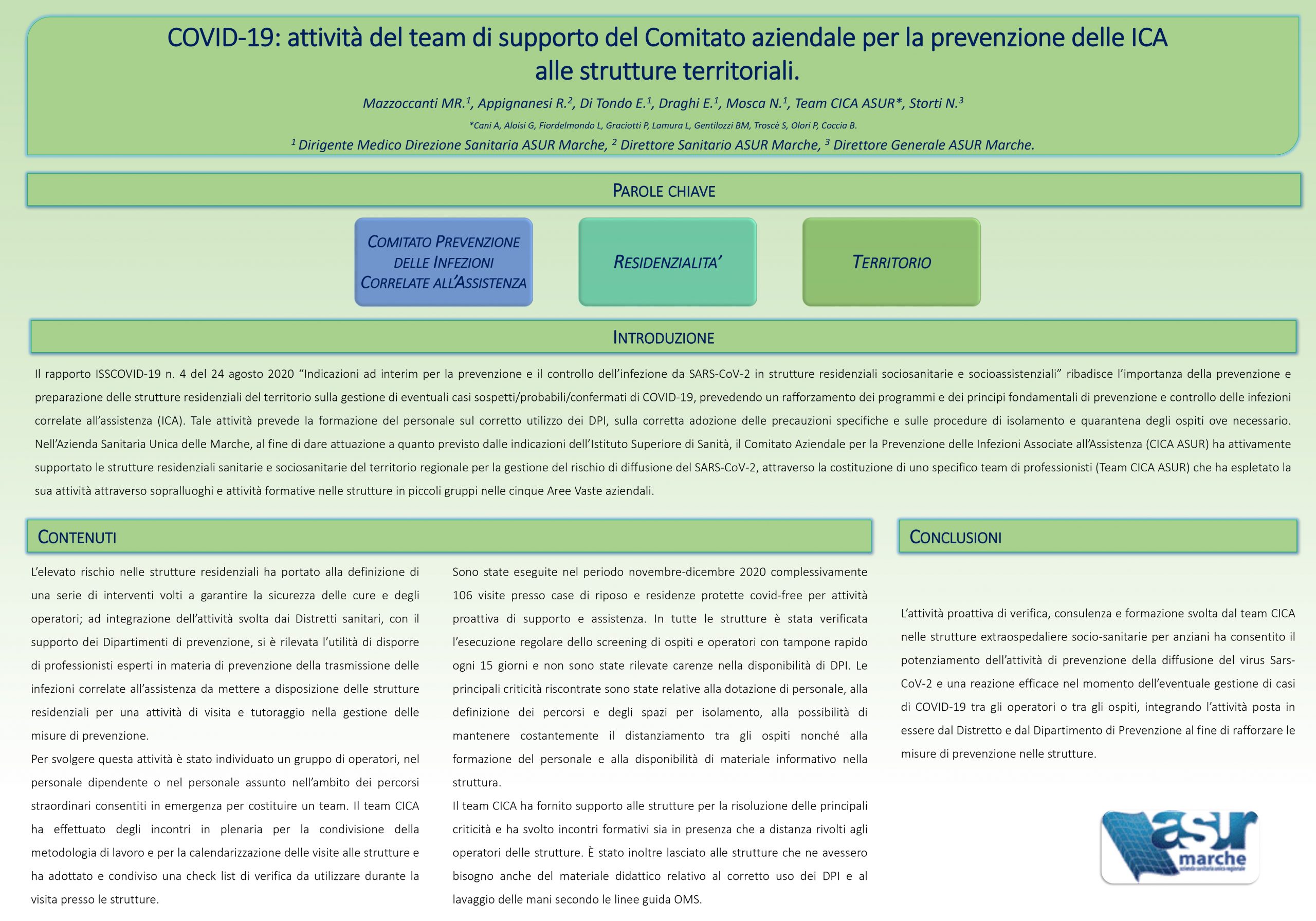 Mazzoccanti – COVID-19: attività del team di supporto del Comitato aziendale per la prevenzione delle ICA  alle strutture territoriali